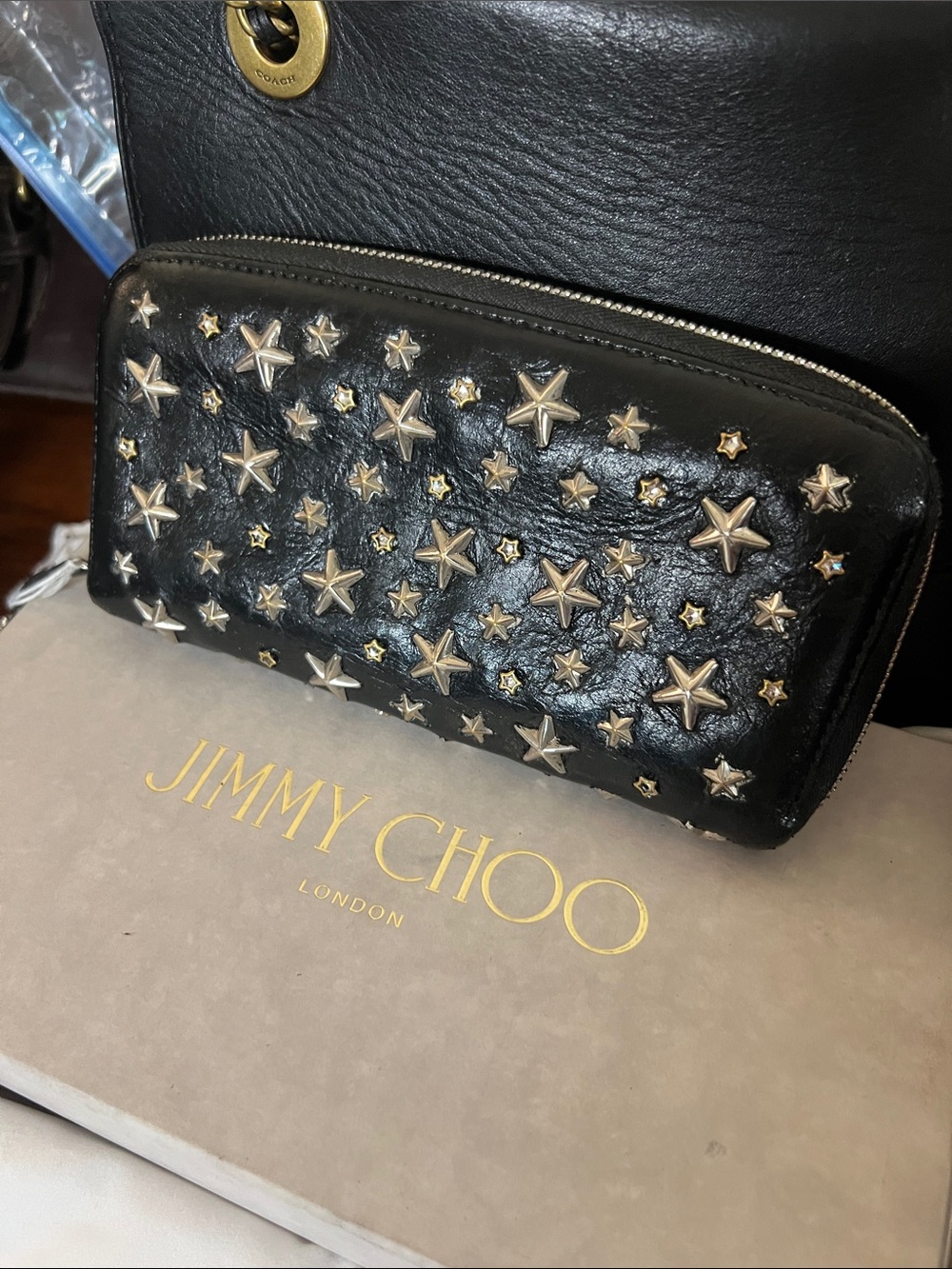 Jimmy Choo Black Leather Zip Wallet with Gold Star Studs